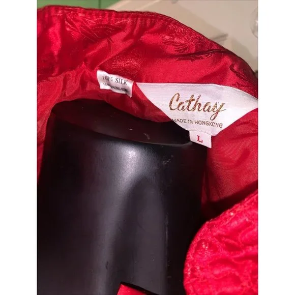 Vintage 100% Silk Made in Hong Kong CATHAY Red Quilted Robe Large - Picture 6 of 8